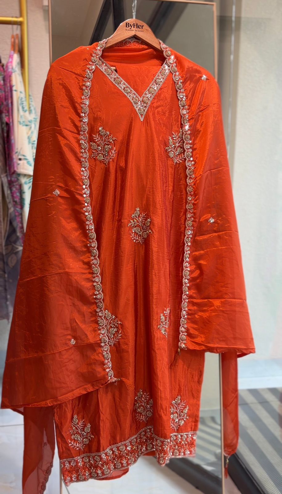 Elegant Rust Orange Silk Kurta with Intricate Handwork
