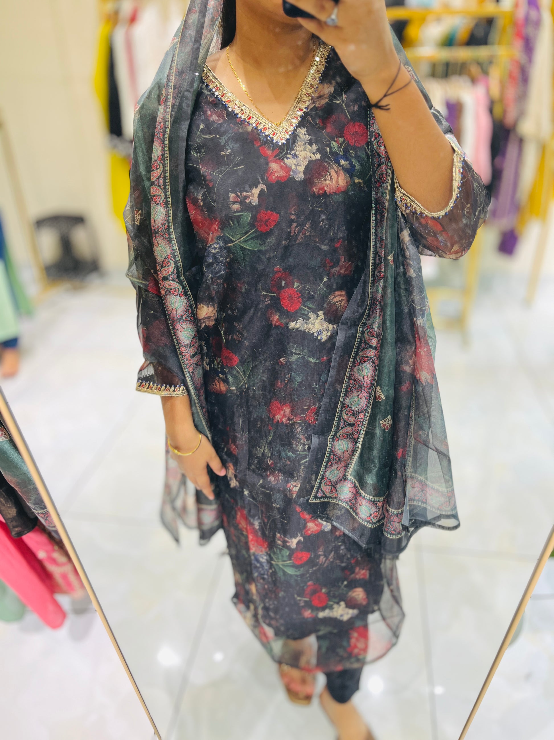 Black floral kurta set